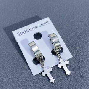 Stainless Steel Cross Drop Dangle Hoop Earrings Silver Men Women NWT